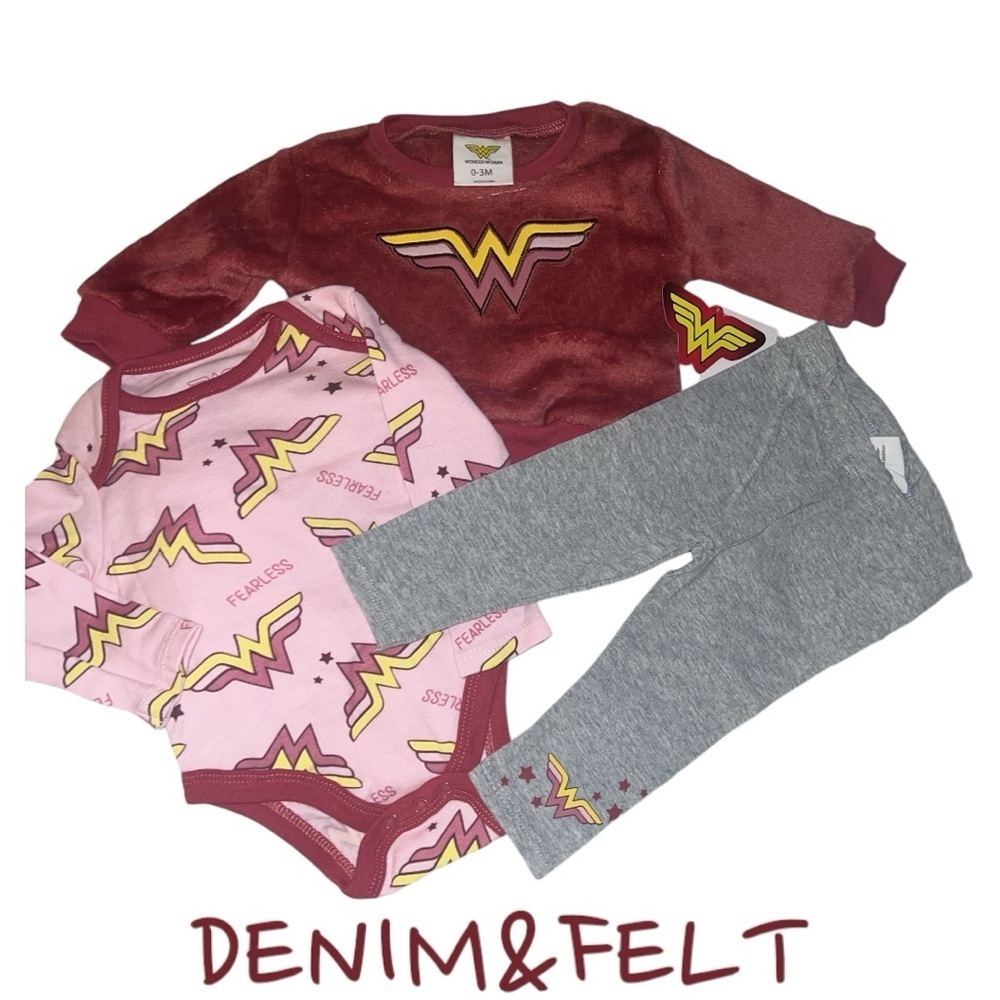 Happy Threads Baby Girls Wonder Woman 3 Piece‎ Set Top Bodysuit Pants 0-3M Mauve